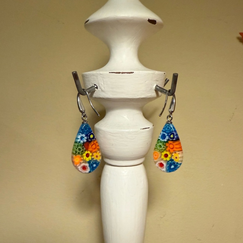 Multi Color Murano Style Millefiori Drop Earrings - Picture 5 of 6